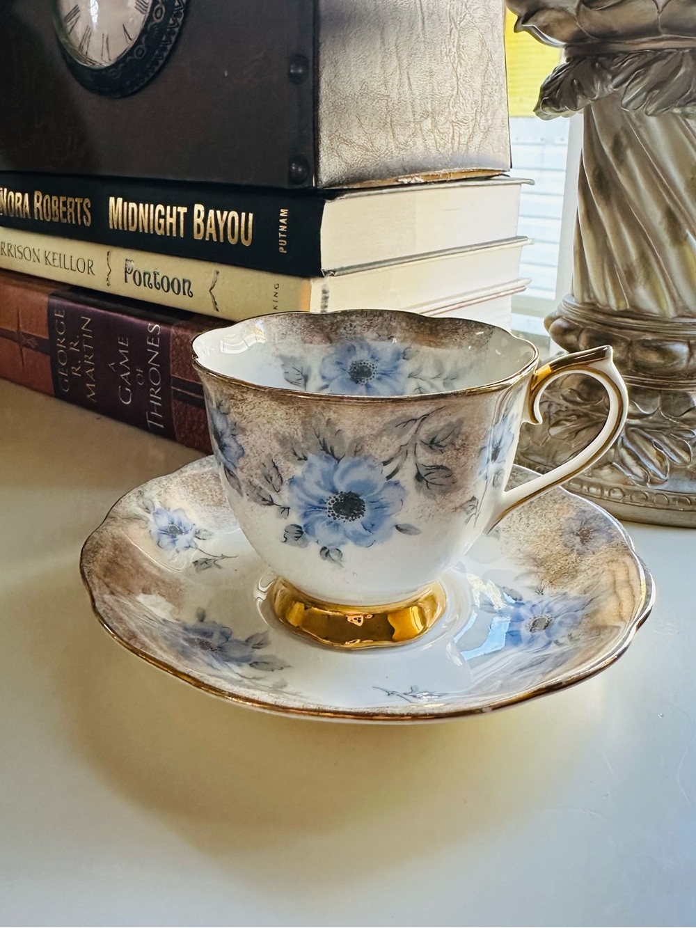 Rare Royal Albert Bone China Teacup and Saucer Set - Blue Floral with Gold Trim